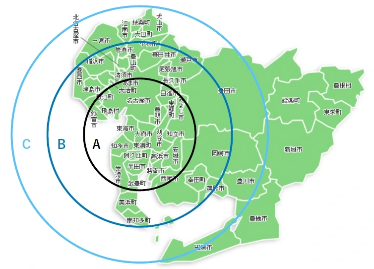 愛知県大府市を中心としたエリアA・B・Cの対応範囲を示す地図